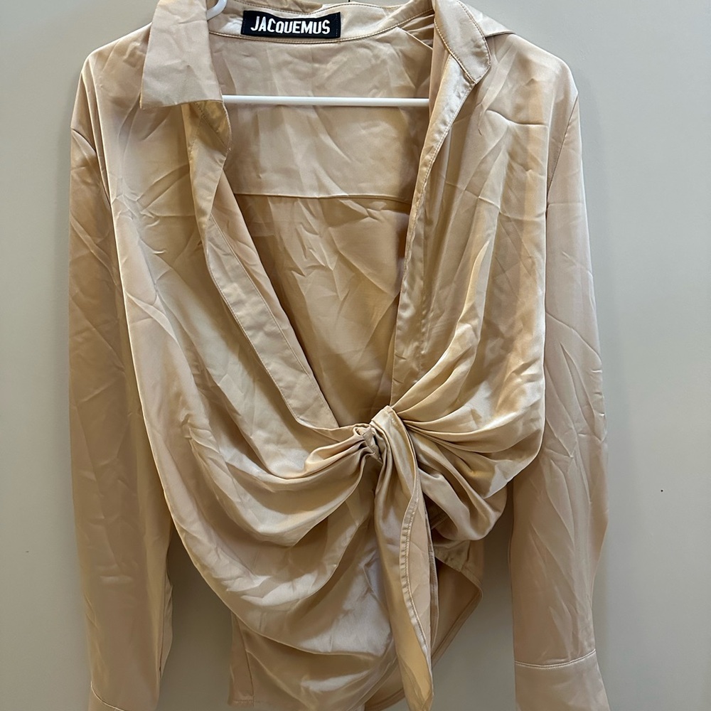 Silk Beige Tie-Front Women's Top
